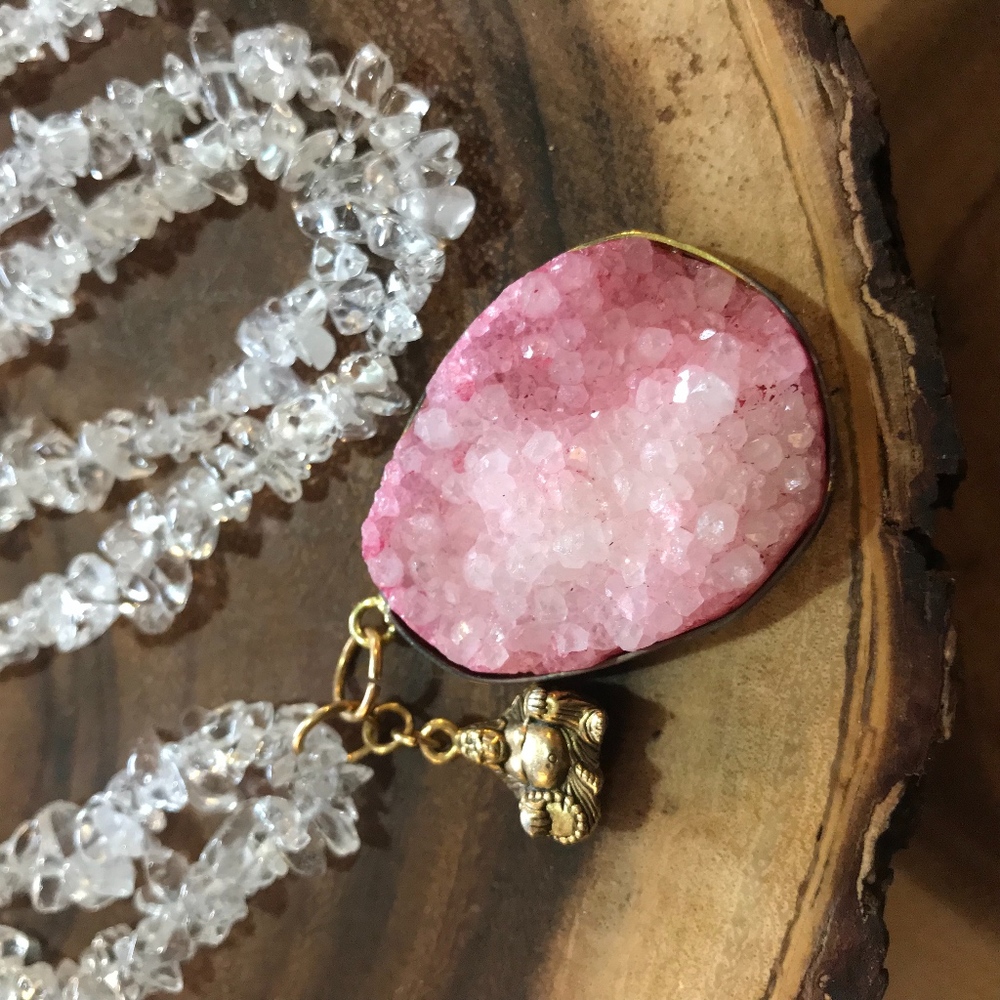 Beautiful Pink Buddha Druzy Crystal Necklace NEW
